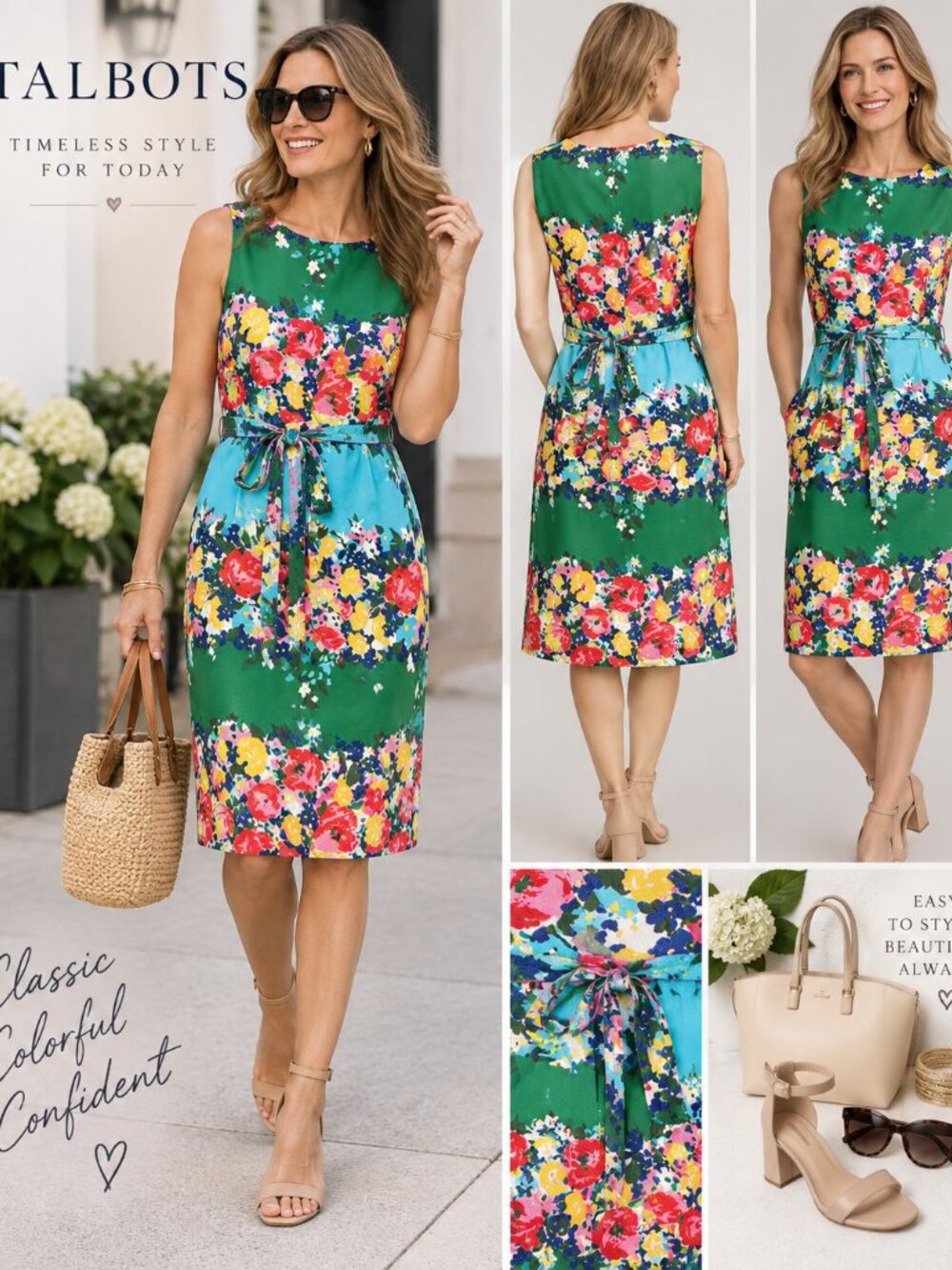 Talbots Floral Belted Sheath Dress Size 12 Green Turquoise Pink Career